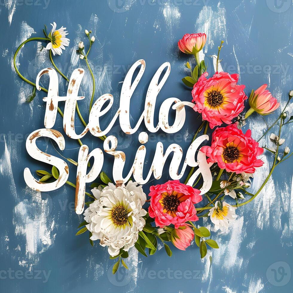 AI generated Happy Spring nature flower background with text effect photo