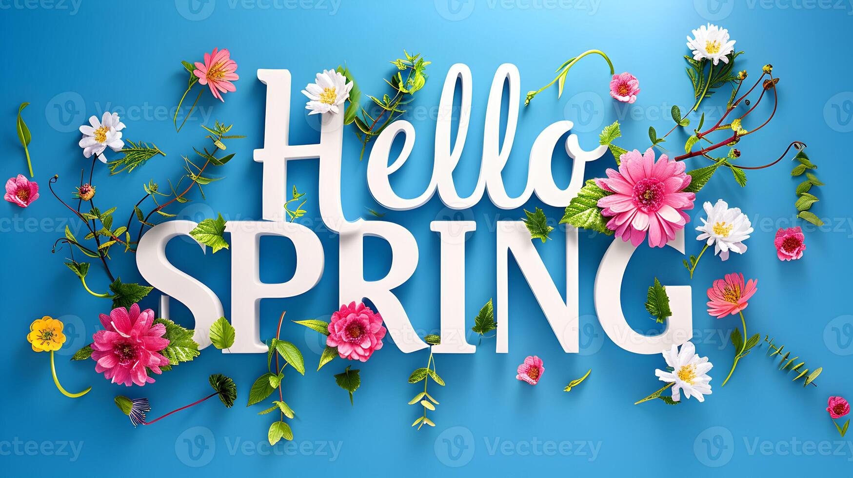 AI generated Happy Spring background with colorful greeting and text effect photo