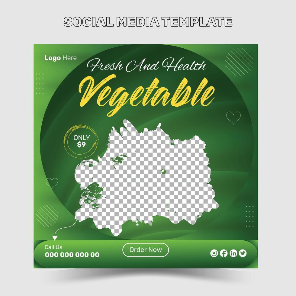 Creative vegetable business template design with geometric shapes. Organic food menu discount web banner for social media posts. vector