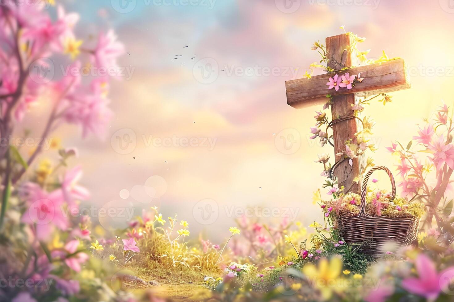 AI generated Happy Easter concept with Jesus Christ cross and spring flower Easter background photo