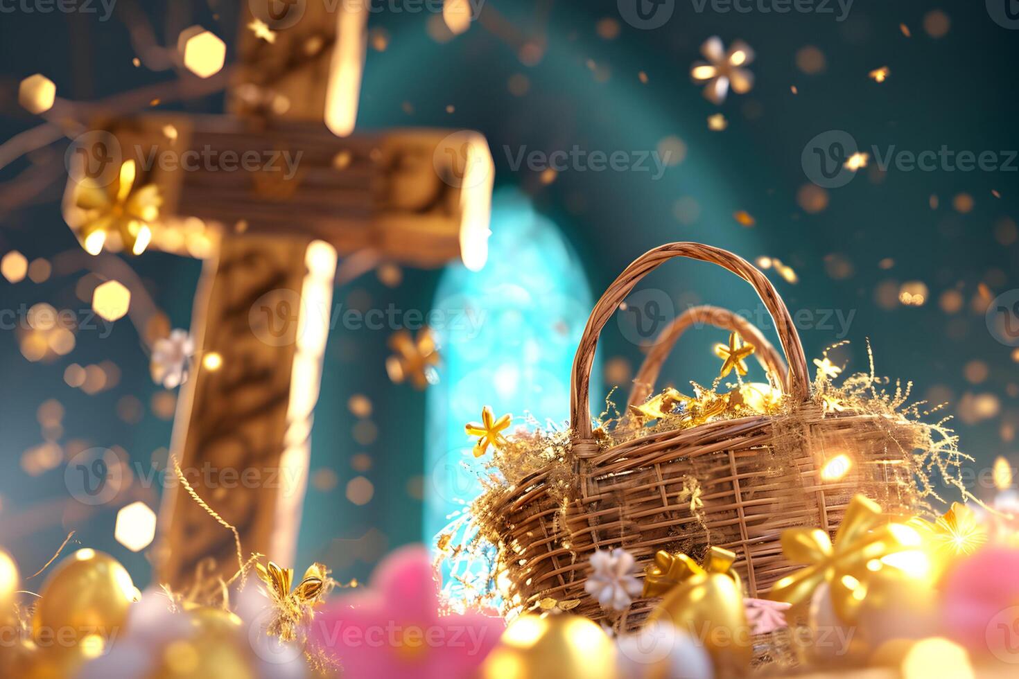 AI generated Christian Jesus Cross background for Happy Easter wishes and greeting card design photo