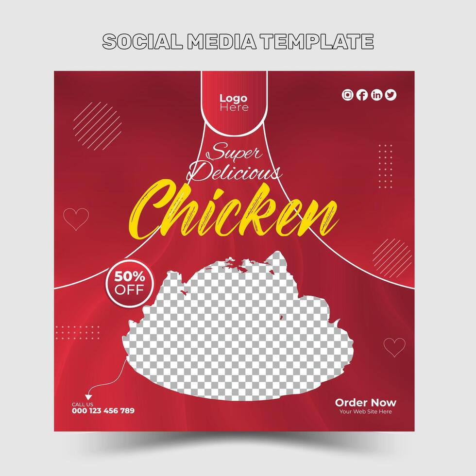 Chicken fry social media post design, red color square vector template