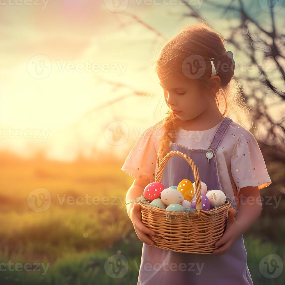 AI generated Happy cute girl with bunny ears. Easter greeting card background. with Easter eggs in basket photo