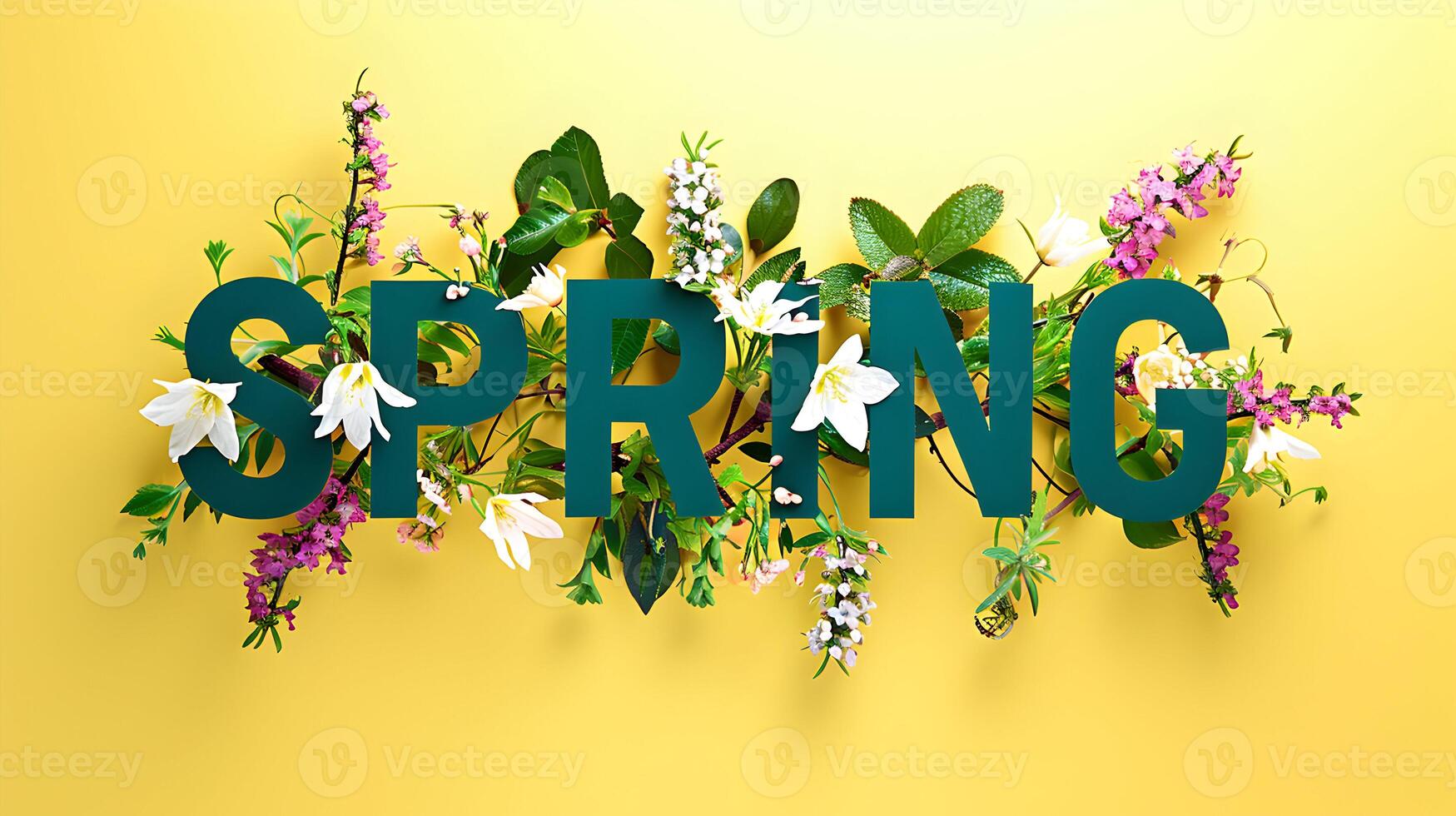 AI generated Happy Spring background with colorful greeting and text effect photo