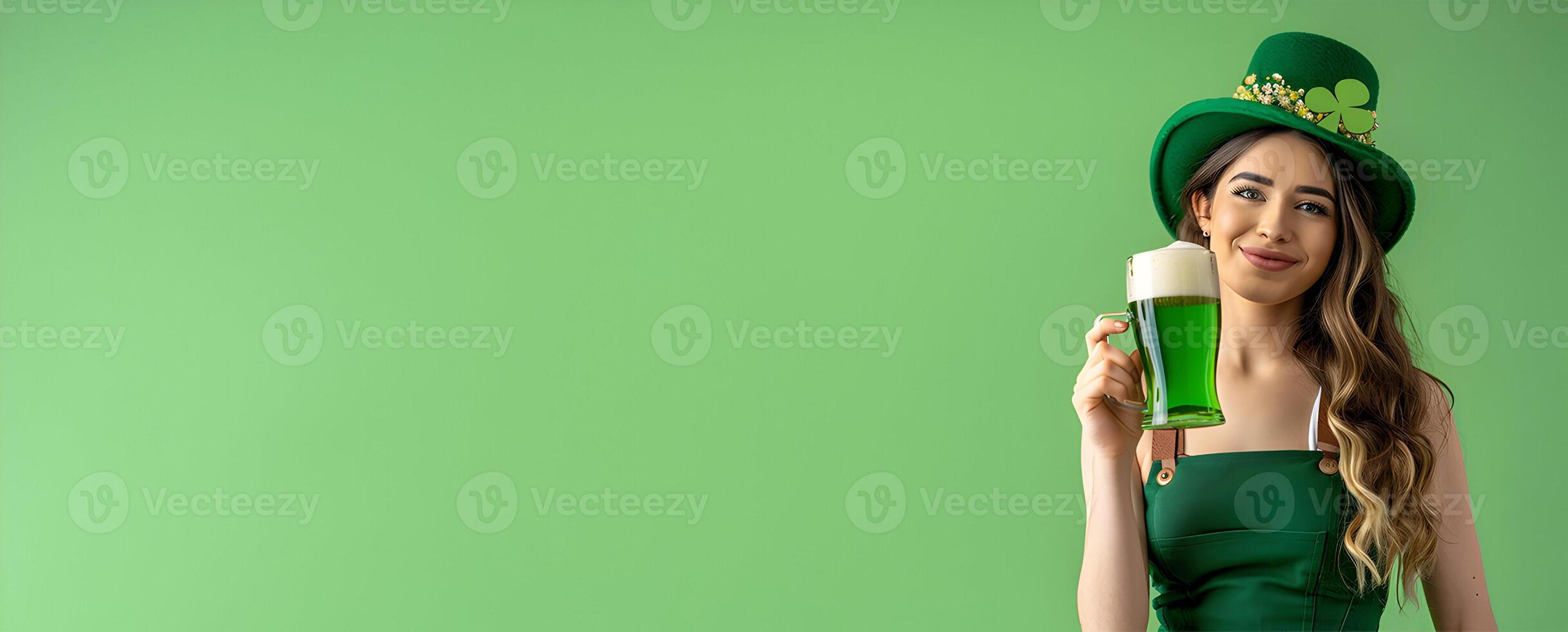AI generated Smiley woman celebrating St. Patrick s day holding beer glass st Patrick celebrating post photo