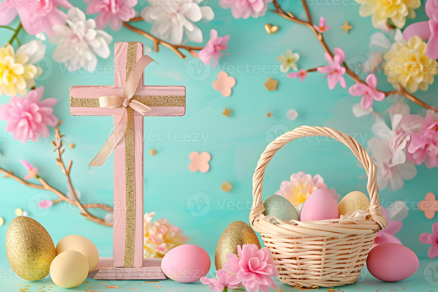 AI generated Jesus Cross Easter sign symbol with Easter ornaments Easter greetings photo