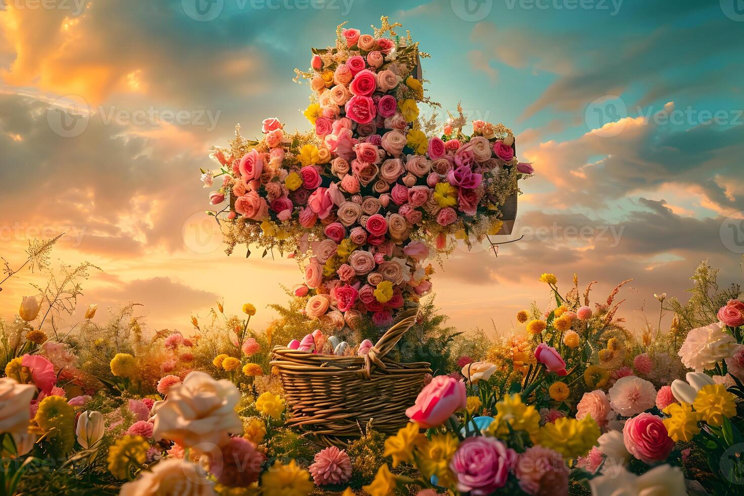 AI generated Jesus Cross Easter sign symbol with Easter ornaments Easter greetings photo