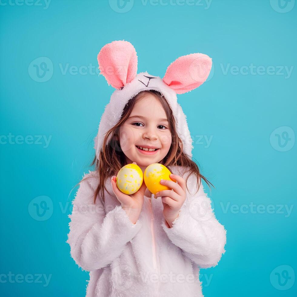 AI generated Girl having fun with Easter eggs for design Easter celebration post photo