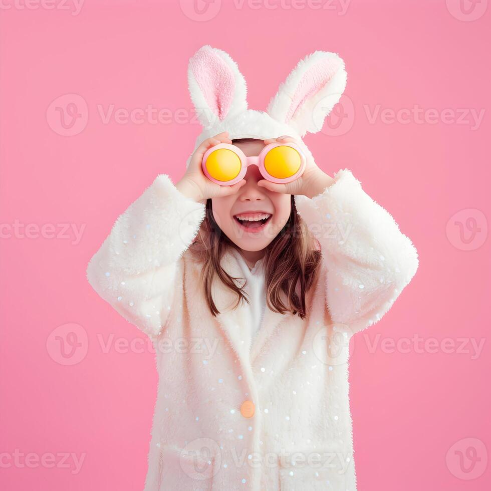 AI generated Child girl holding with Easter egg Happy Easter greeting background photo