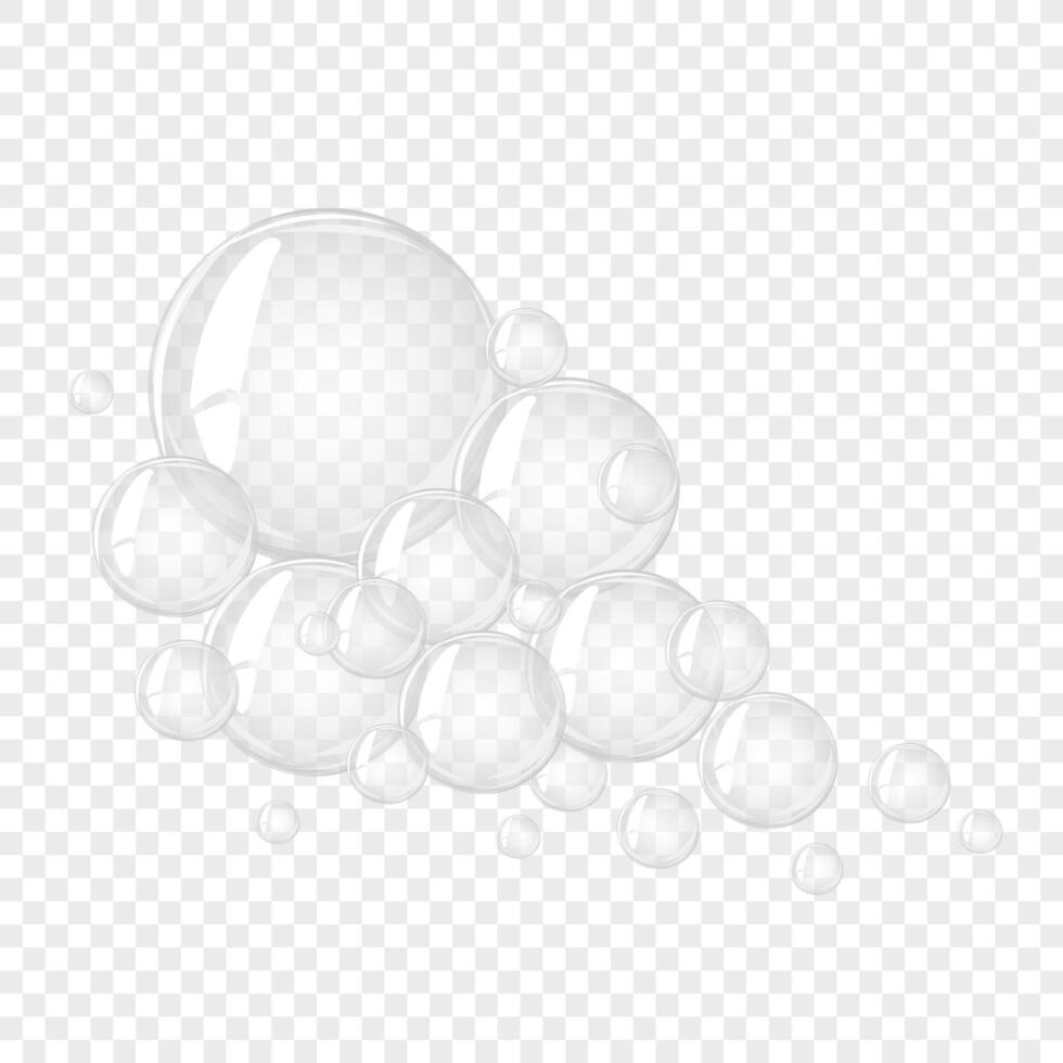 Water bubble. Soap bubble, crystal glass ball. Beauty product, moisture, skincare transparent bubbles top view, scatter splashes vector