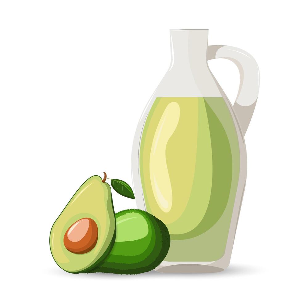 Avocado whole and half. Avocado oil. Healthy vegetables and vegetarian food. Fresh organic food, healthy eating. Made in cartoon flat style vector