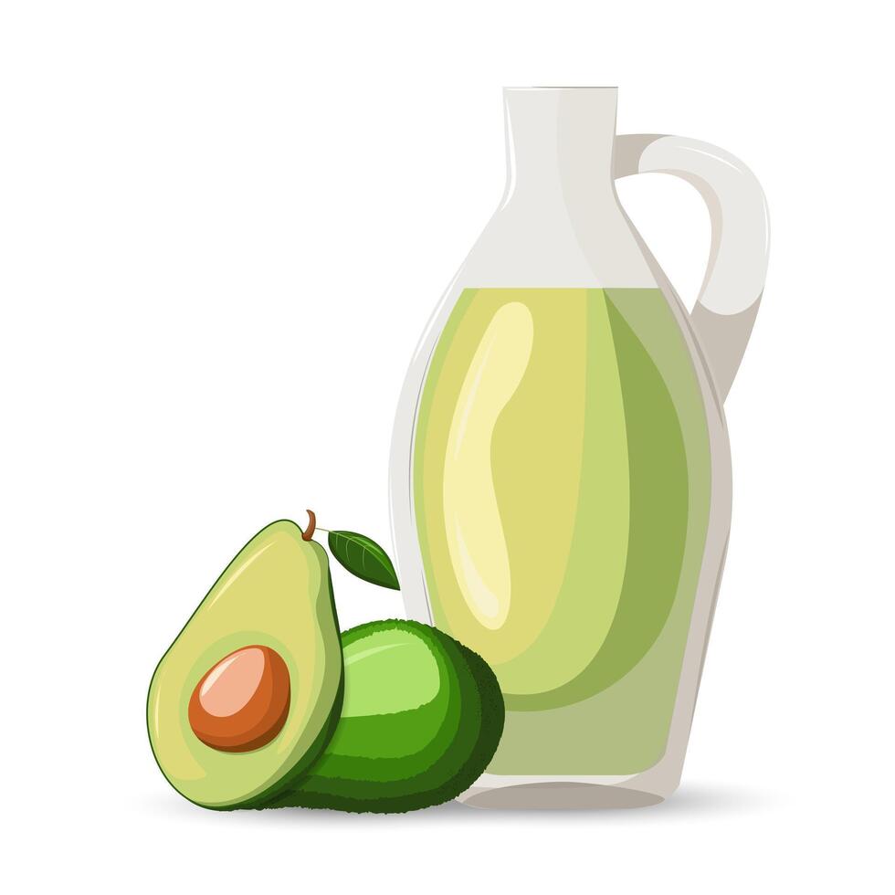 aguacate todo y medio. aguacate aceite. sano vegetales y vegetariano alimento. Fresco orgánico alimento, sano comiendo. hecho en dibujos animados plano estilo vector