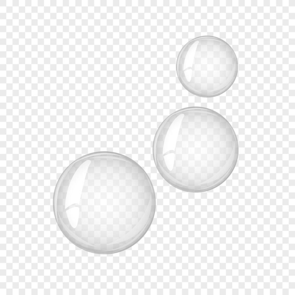 Transparent water bubbles. Soap bubble, crystal glass ball. Beauty product, moisture, skincare transparent bubbles top view, scatter splashes vector