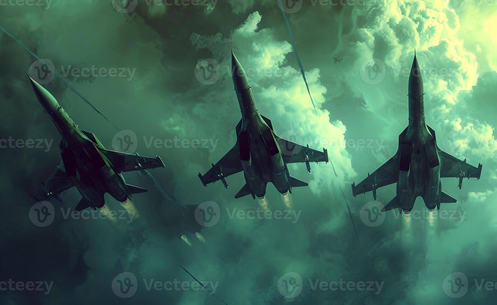 AI generated 23 march Pakistan day celebration airshow with JF17 Thunder and green smoke photo