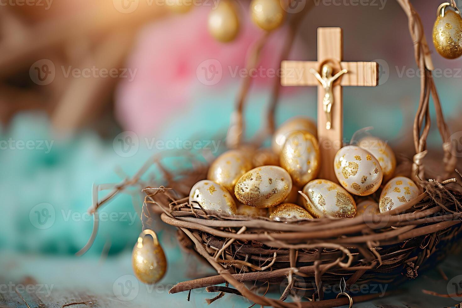 AI generated Christian Jesus Cross background for Happy Easter wishes and greeting card design photo