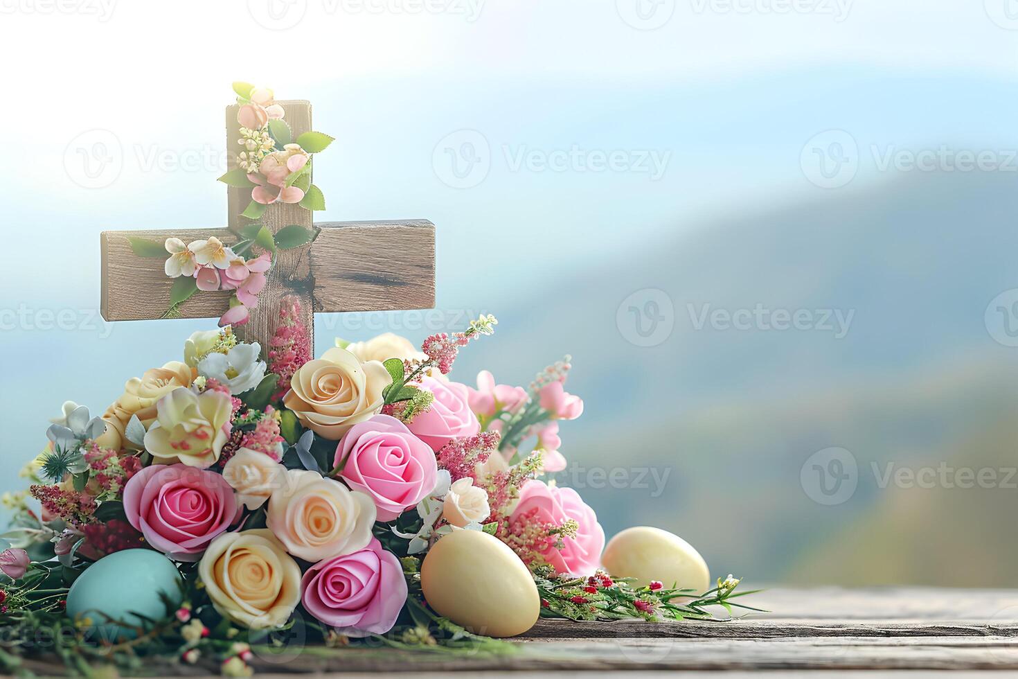 ai generado hermosa Pascua de Resurrección bokeh antecedentes con un cristiano cruzar contento Pascua de Resurrección antecedentes foto