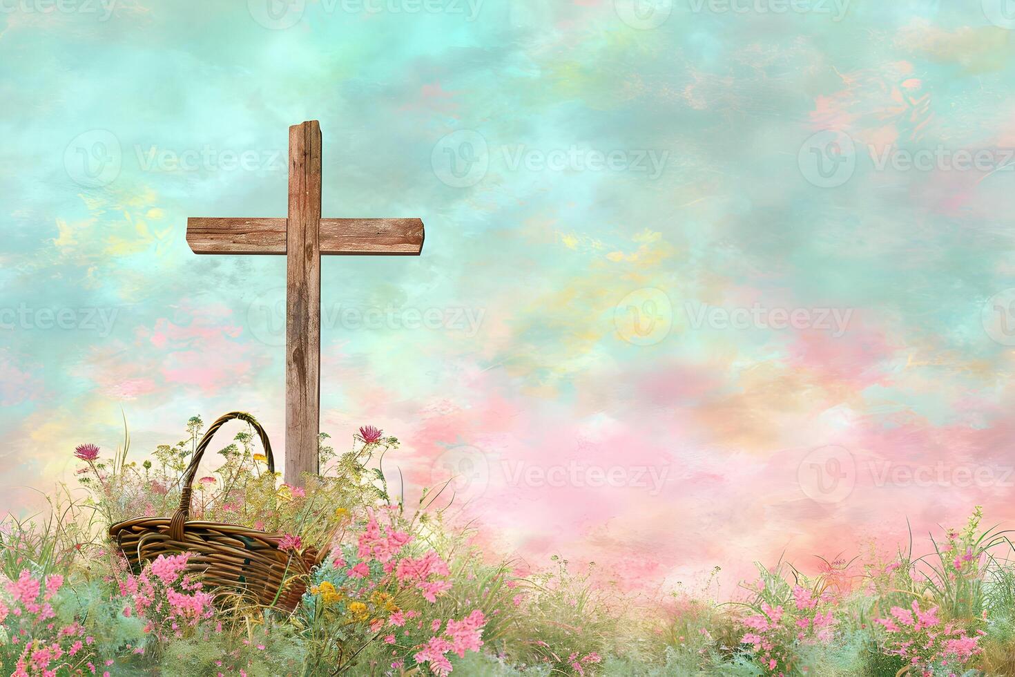 AI generated Jesus Cross Easter sign symbol with Easter ornaments Easter greetings photo