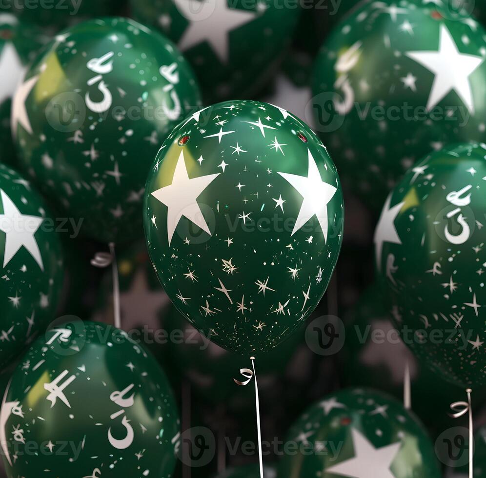 AI generated Bunch of printed Pakistan flag balloon The Flag Of Pakistan for design 23 march greeting card photo