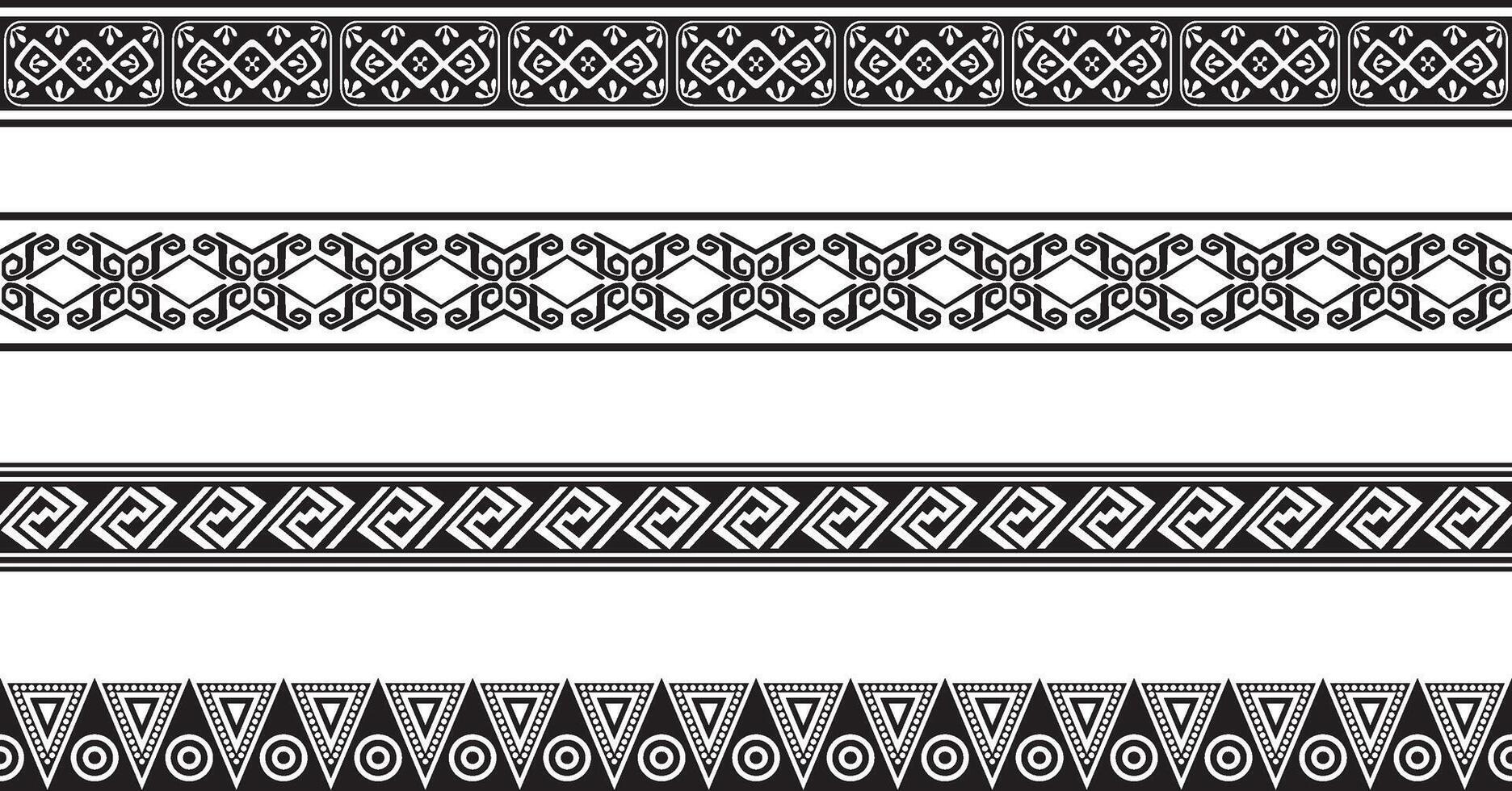 Vector monochrome set of seamless indian national native american borders. Endless ethnic ornaments of the peoples of America, Aztec, Maya, Inca, Peru, Brazil, Mexico, Honduras, Guatemala.