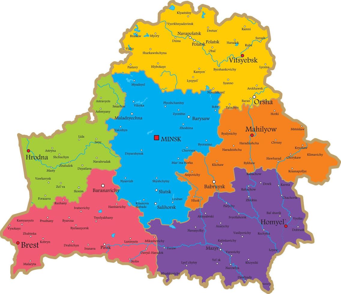 Vector color administrative map of the Republic of Belarus. The territory of the state with large cities and borders of regions.