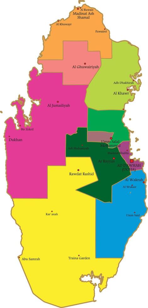 vector administrativo color mapa de el estado de Katar. territorio con fronteras de regiones y grande ciudades islámico oriental país.
