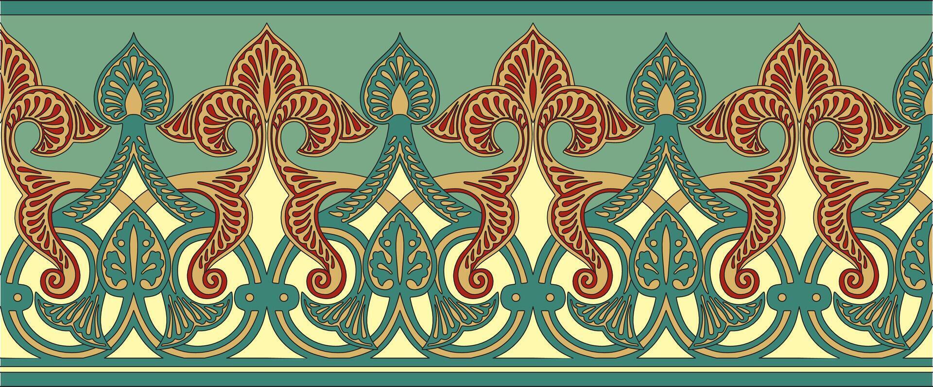 Vector seamless colored gold arabic national ornament, border, frame. Endless vegetablePattern of eastern peoples of Asia, Africa, Persia, Iran, Iraq.