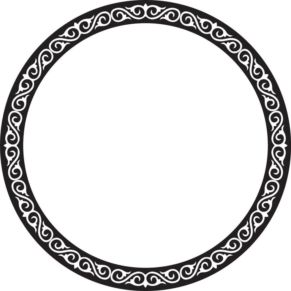 Vector round monochrome Kazakh national frame. Ornamental circle. Ethnic pattern of nomadic peoples of the Great Steppe, Kyrgyz, Mongols, Bashkirs, Buryats, Kalmyks