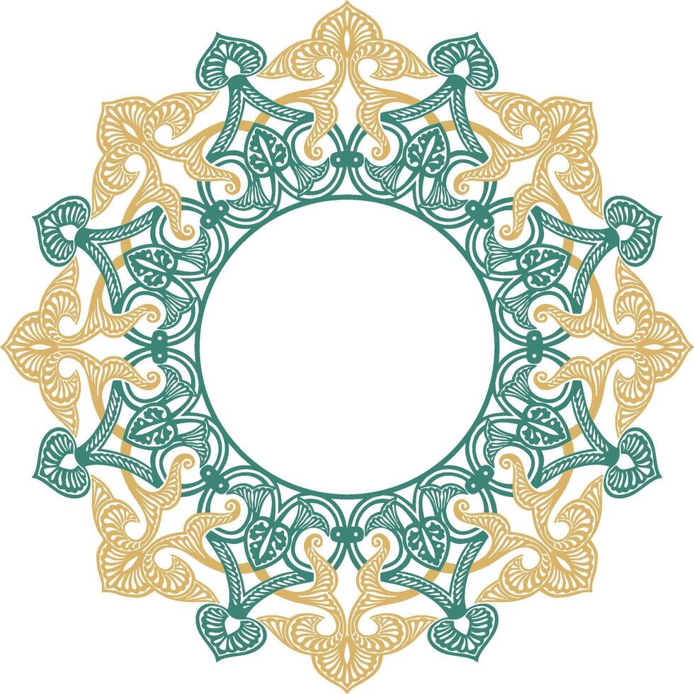 Vector colored round oriental ornament. Arabic patterned circle of Iran, Iraq, Turkey, Syria. Persian frame, border. Lacy carved snowflake.
