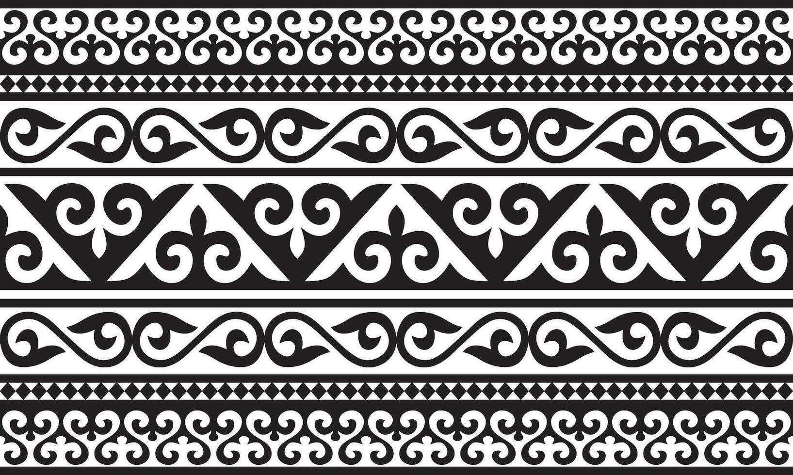 Vector monochrome seamless Kazakh national ornament, yurt decoration. Endless black border, frame of the nomadic peoples of the Great Steppe. For sandblasting, laser and plotter cutting.
