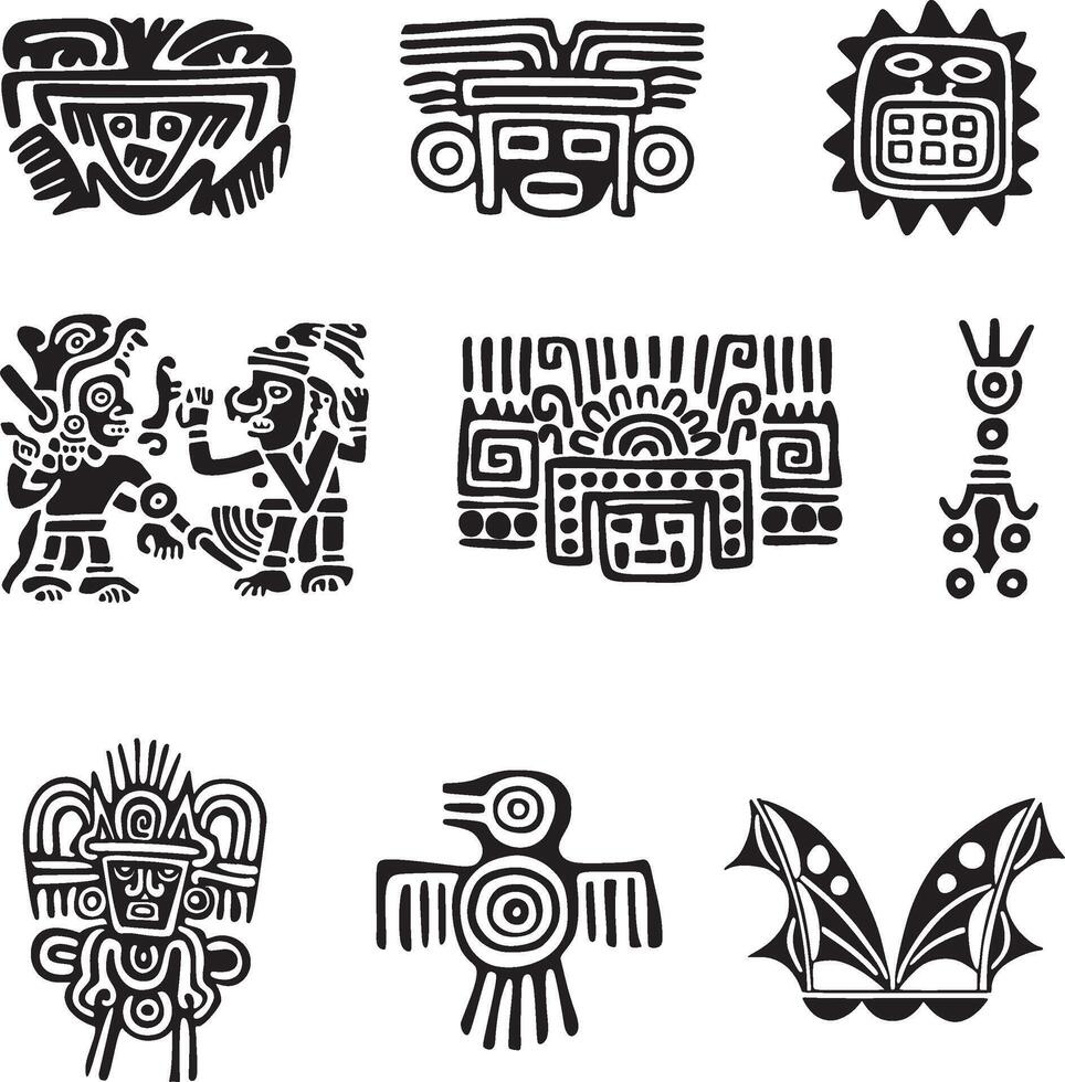 vector conjunto de monocromo indio simbolos nacional ornamento de nativo americanos, aztecas, maya, incas