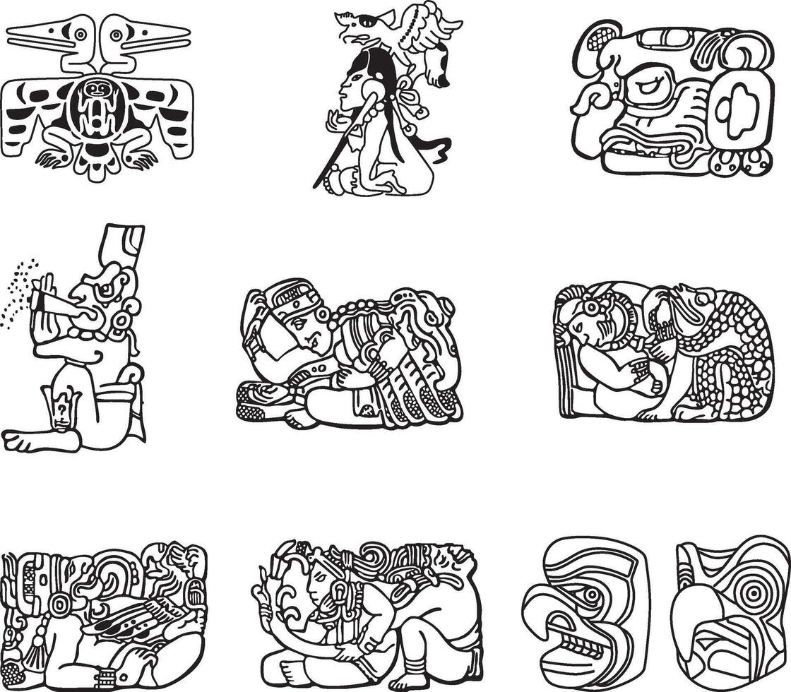 Vector set of Native American symbols, Aztec, Maya, Inca. figurines of Native American tribes.