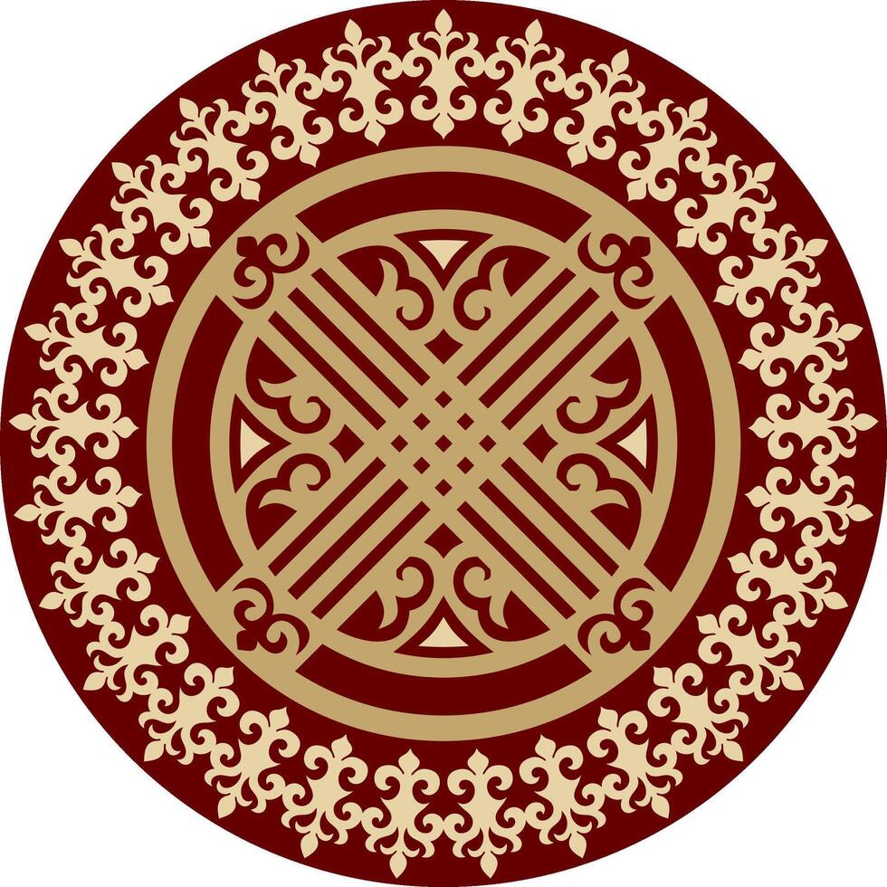 Vector red round kazakh ornament shanyrak. circle on the roof of the yurt. Patterns of the peoples of the great steppe. Asian border in a circle. Mongolia, Kalmykia, Bashkiria, Buryatia, Kyrgyzstan.