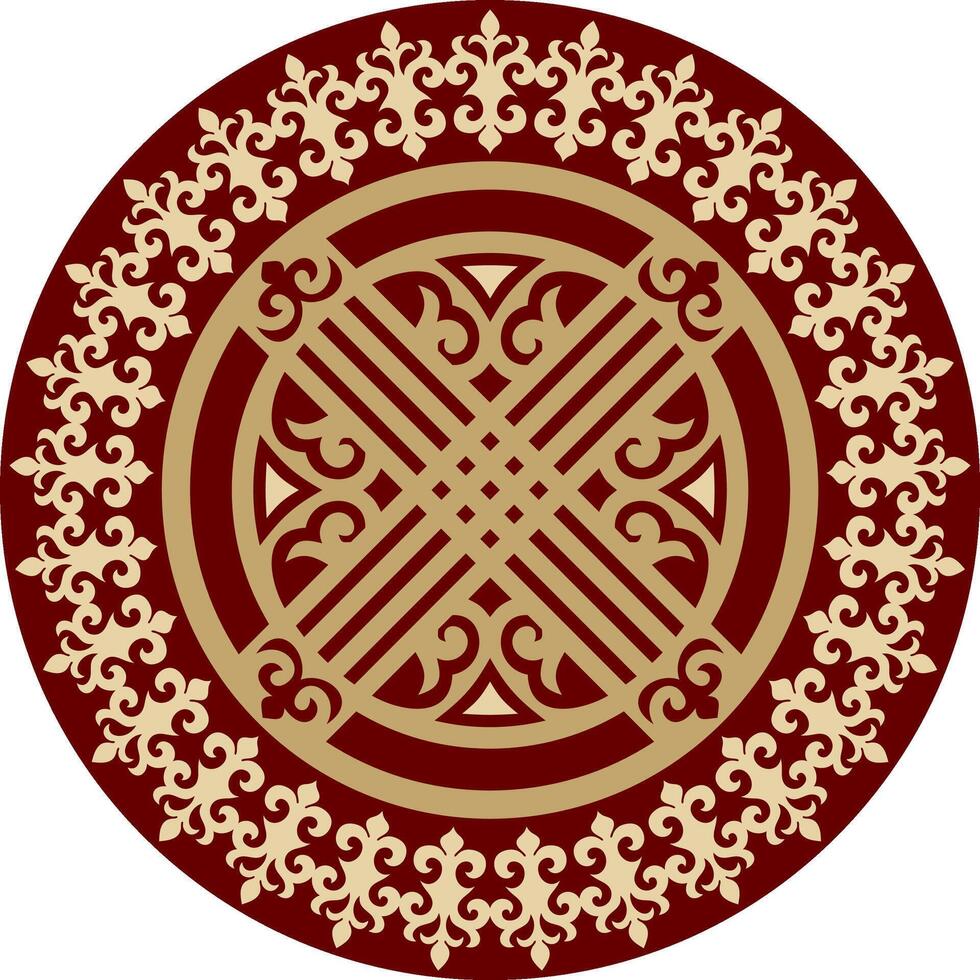 Vector red round kazakh ornament shanyrak. circle on the roof of the yurt. Patterns of the peoples of the great steppe. Asian border in a circle. Mongolia, Kalmykia, Bashkiria, Buryatia, Kyrgyzstan.