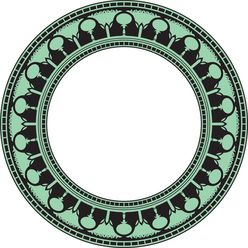 Vector green round Egyptian border. Circle ornament of ancient Africa. Pattern of lotus flowers and sun