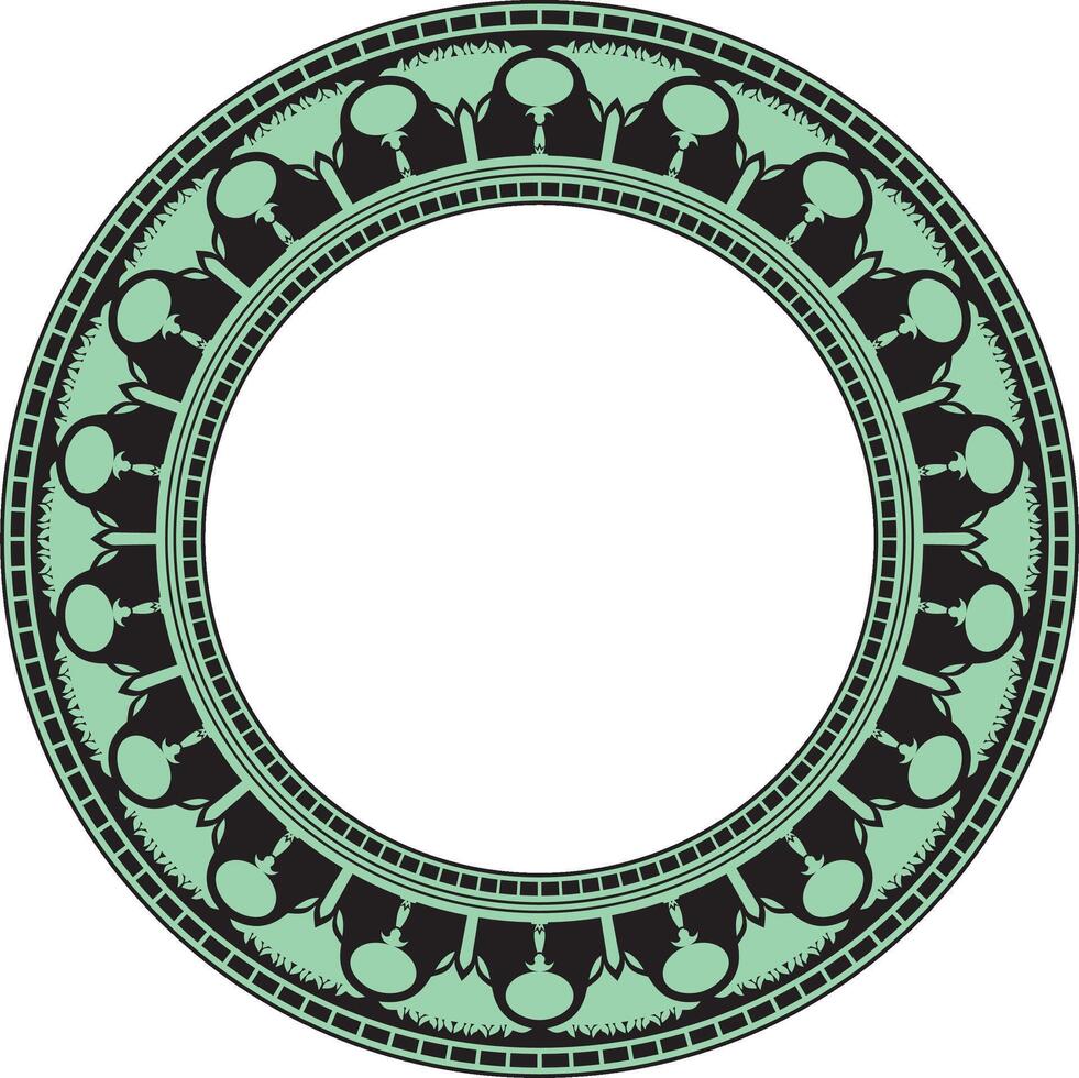 Vector green round Egyptian border. Circle ornament of ancient Africa. Pattern of lotus flowers and sun