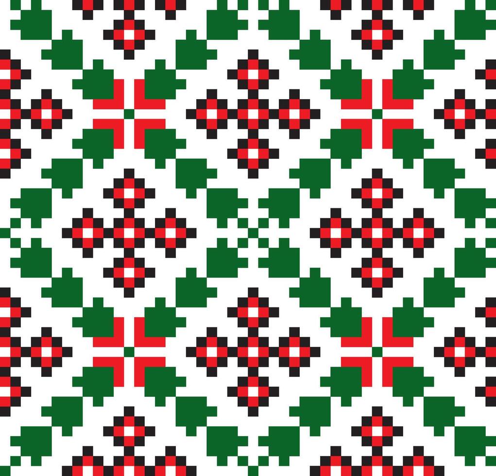 Vector colored seamless Ukrainian national ornament, embroidery. Endless ethnic floral border, Slavic peoples pattern. Red cross stitch.