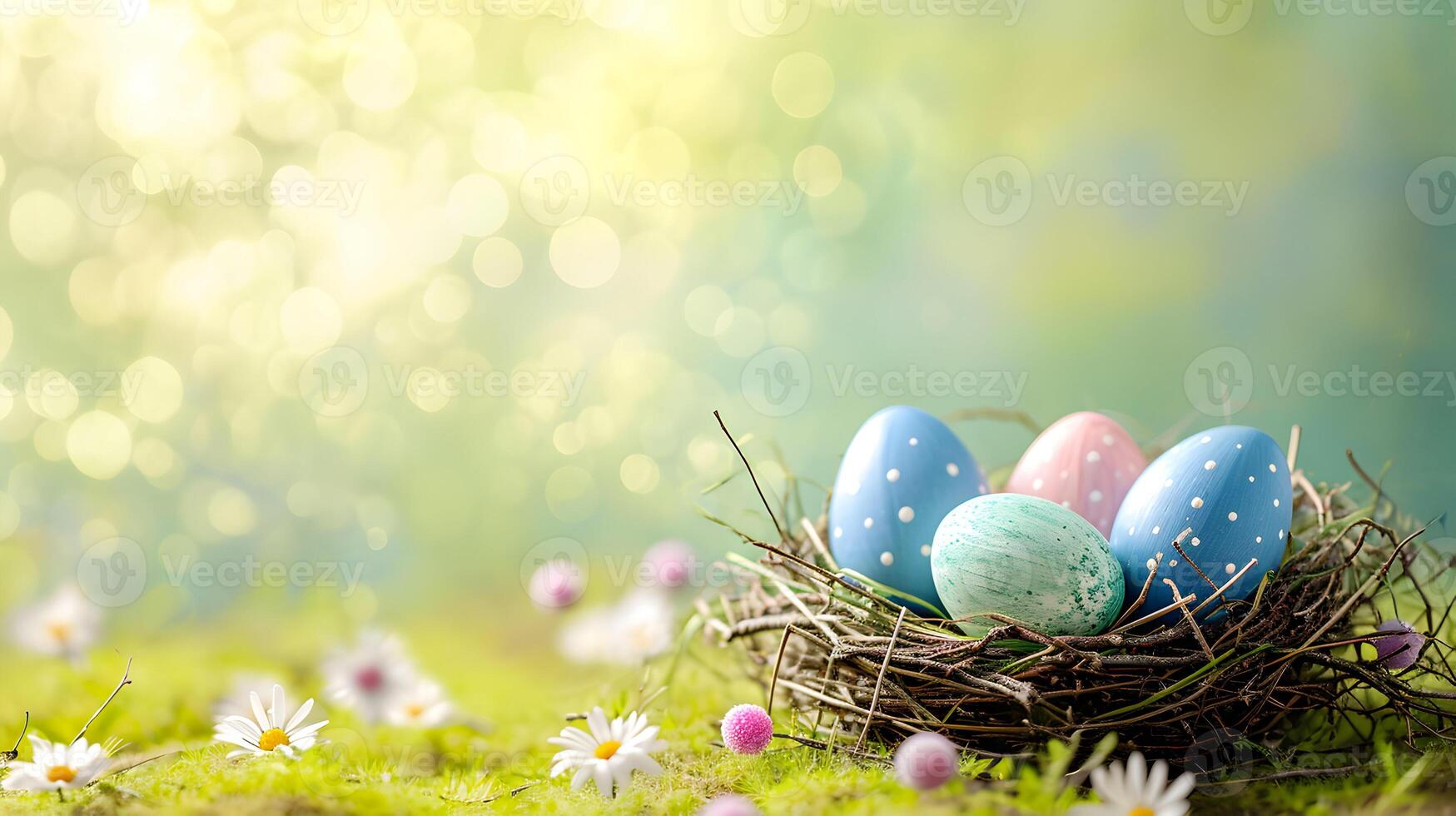 AI generated Decorated Easter basket with colorful eggs happy Easter background photo
