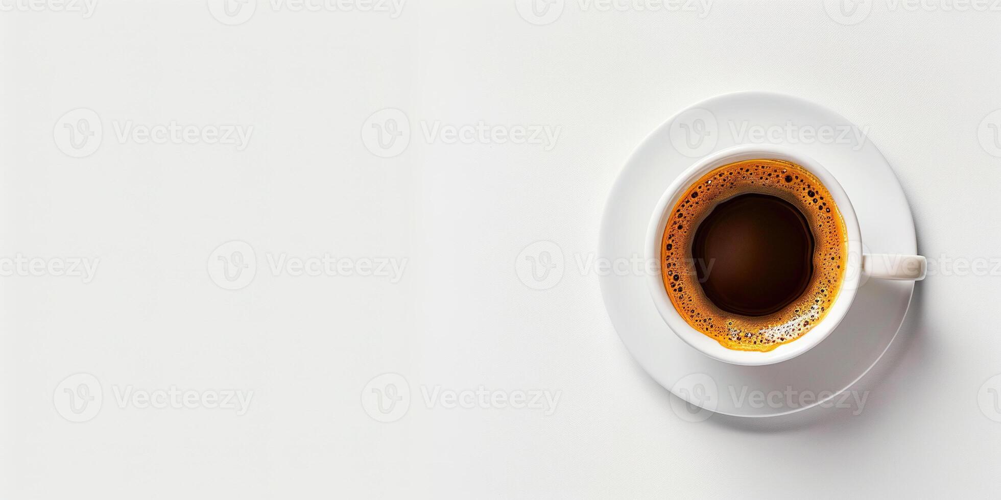 ai generado asado oscuro marrón café en un blanco taza, parte superior abajo perspectiva, aislado en blanco antecedentes con Copiar espacio foto