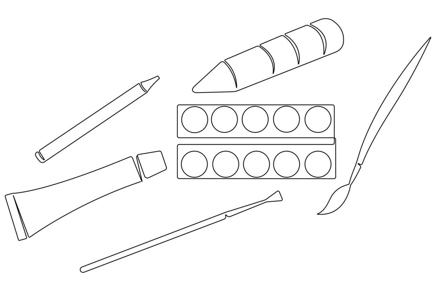 Art day continuous one line art drawing of art tool icon outline vector illustration