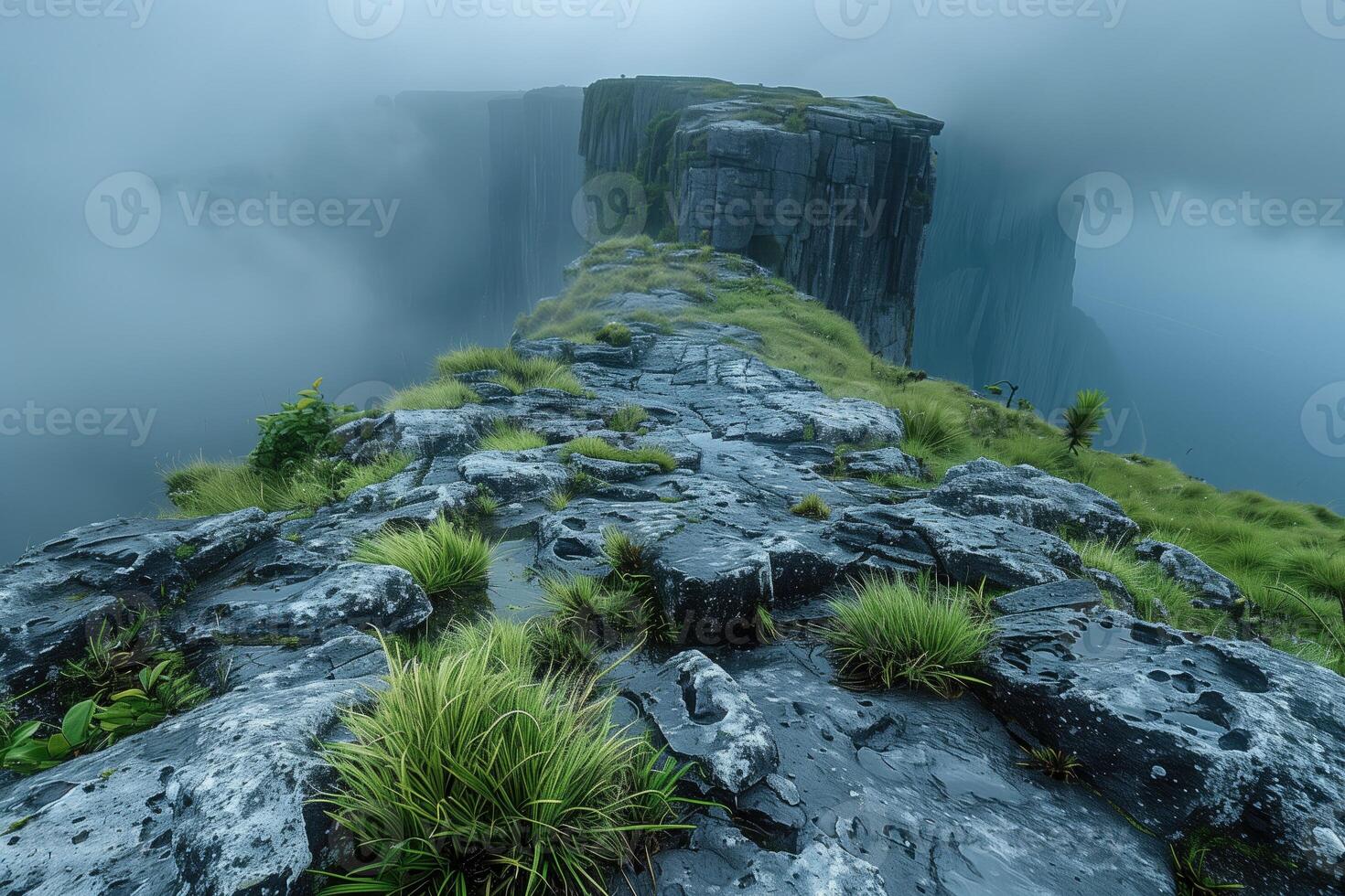 AI generated mountain landscape with foggy and misty morning at sunrise photo