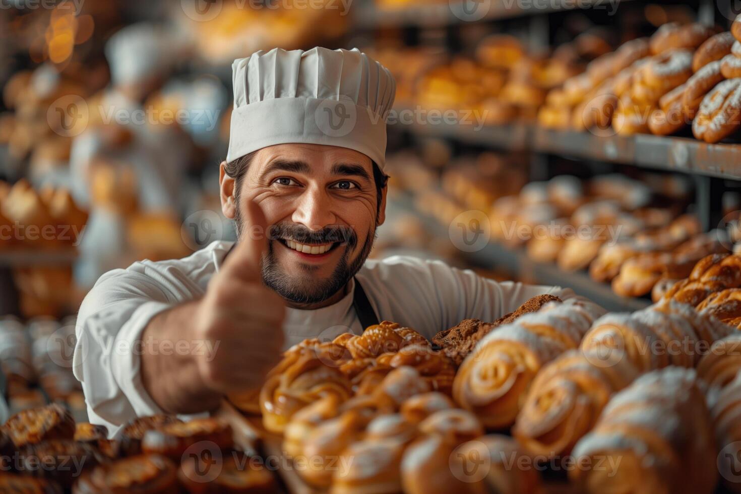 ai generado sonriente masculino panadero demostración pulgares arriba mientras trabajando en panadería, atención en primer plano foto