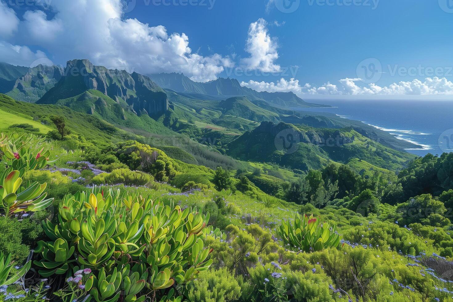 AI generated mountainous tropical coastline with lush vegetation photo