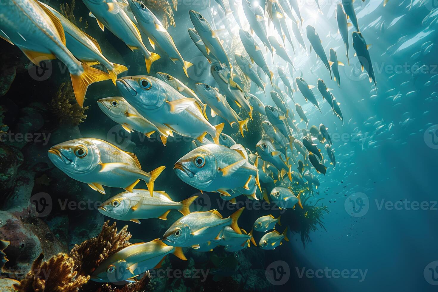 AI generated fish shoaling underwater in sea photo