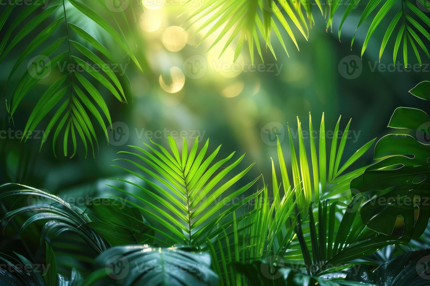 AI generated green palm leaves in tropical forest at sunset, natural background and texture photo