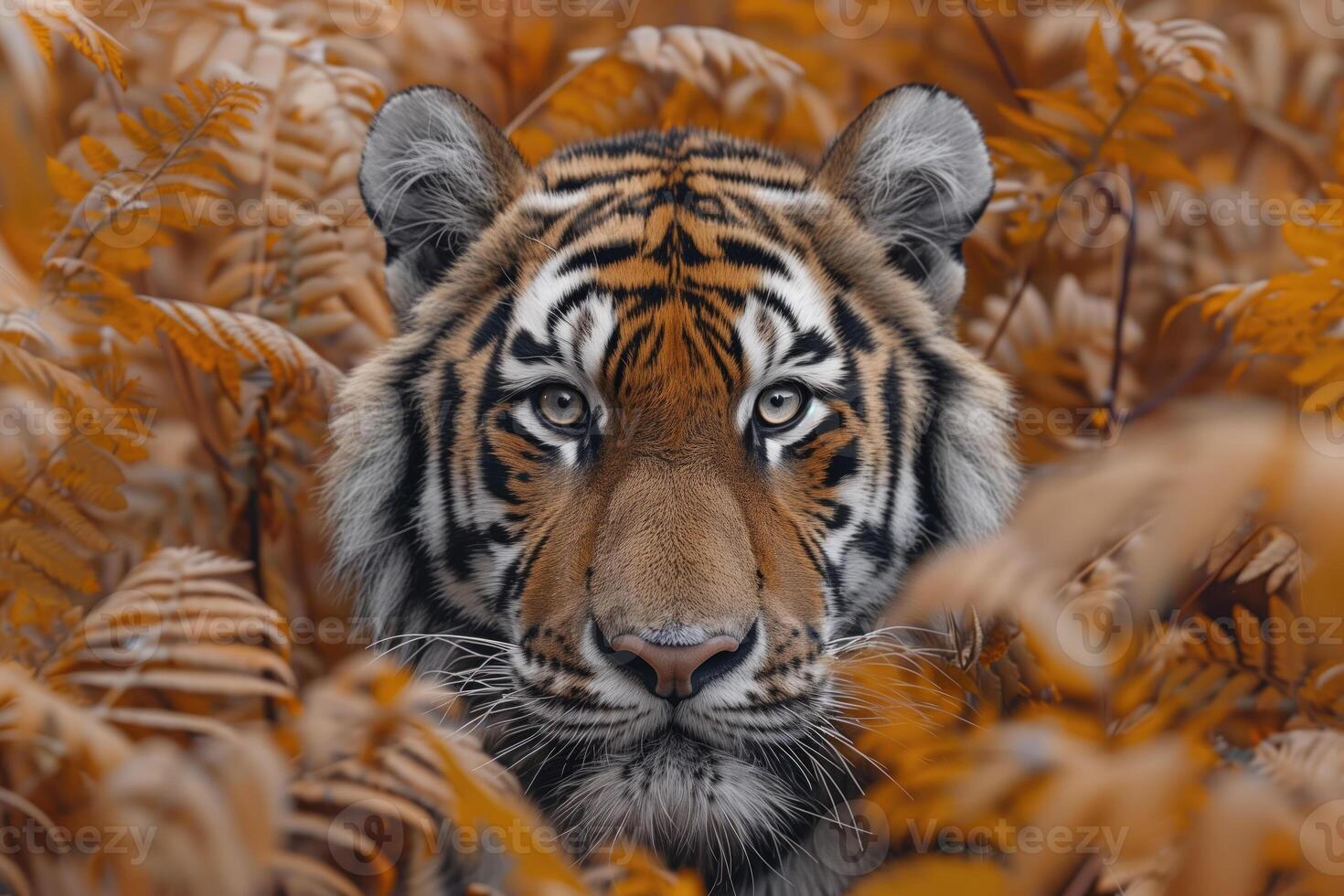 AI generated tiger looks out from the thickets photo
