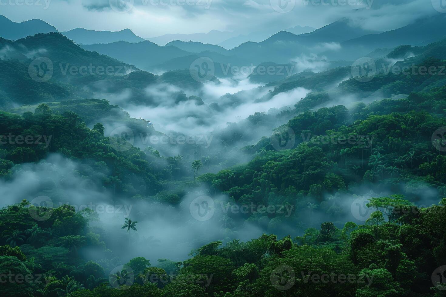 AI generated rainy weather over the cloud forest in misty mountains photo