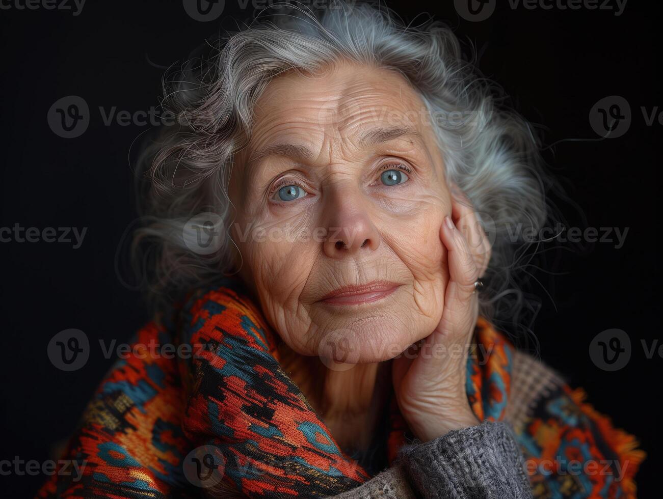 AI generated Portrait of an elderly woman in a scarf on a black background photo