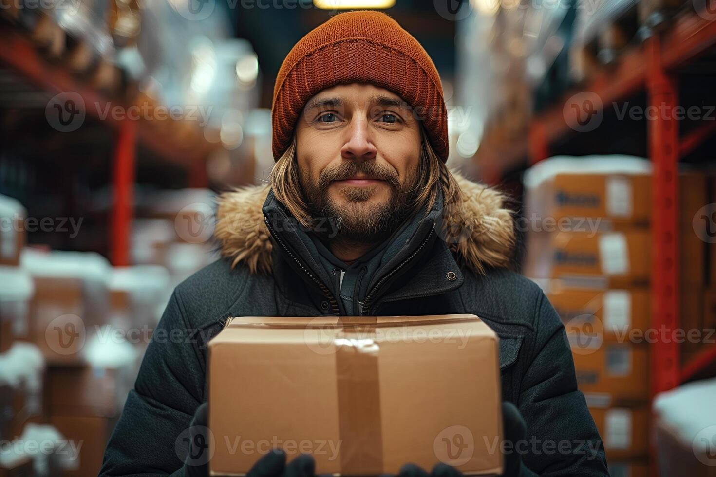 AI generated young man worker with box in hands in warehouse photo