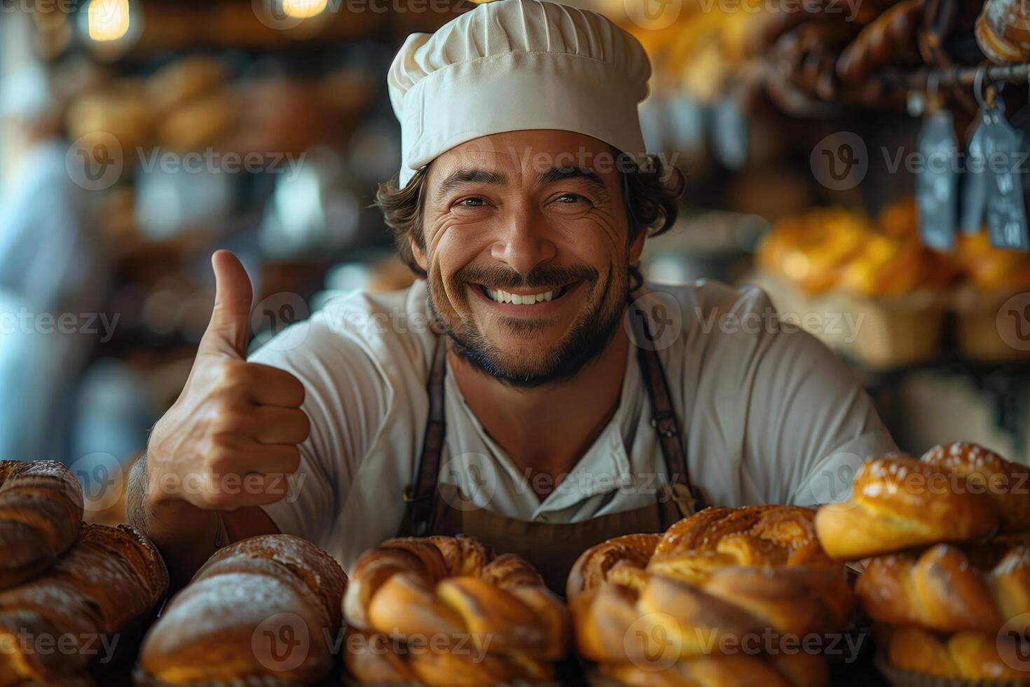 ai generado retrato de sonriente masculino panadero demostración pulgares arriba mientras en pie en panadería foto