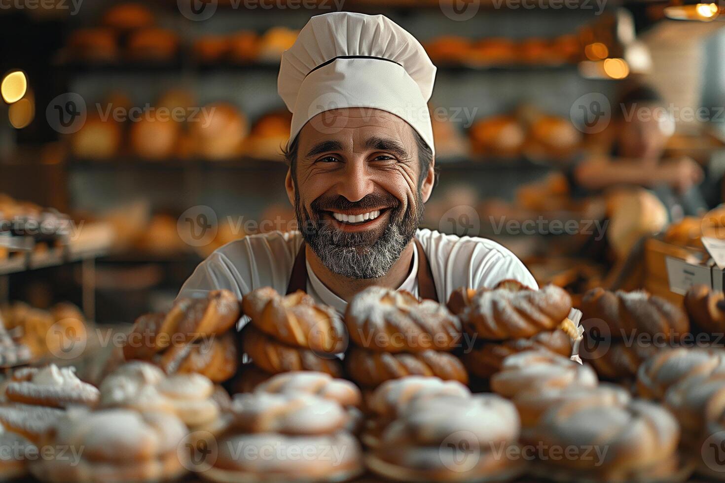 ai generado retrato de contento masculino panadero mirando a cámara y sonriente en panadería foto